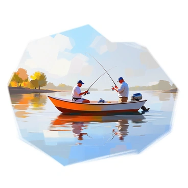 A fishing boat is gently floating on calm waters, surrounded by a serene landscape. The boat has a simple design with a colorful hull and is occupied by two fishermen. One fisherman is standing at the bow, casting his fishing line into the water, while the other is sitting in the middle of the boat, preparing bait. The water reflects the blue sky above, and small ripples are formed where the lines enter the water. A few distant trees are visible along the shoreline, adding to the tranquil atmosphere of the scene.