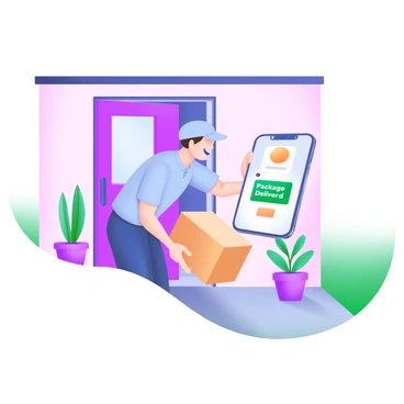 A modern pastel illustration depicting a courier in a light blue uniform leaving a package at a front door. The courier is bending down with a friendly smile, placing a brown cardboard box on the doorstep. In their other hand, they are holding a smartphone, displaying a notification screen that reads "Package Delivered." The front door is painted in a soft pastel color, and there are small potted plants on either side of the doorstep, adding a touch of greenery to the scene.