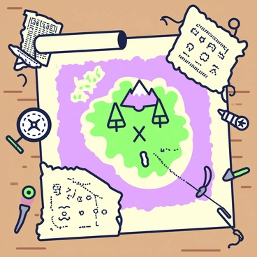 An old pirate treasure map is spread out on a wooden table. The map is aged, with frayed edges and a yellowed appearance. In the center, there is a detailed island drawing with various landmarks such as a mountain, trees, and a river. A dotted path winds its way across the island, leading to a prominent 'X' that marks the treasure location. Surrounding the map, there are nautical tools like a compass and a tattered old parchment. In one corner, there are mysterious symbols and a faded legend that hints at the treasure's history.