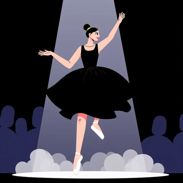 A ballerina wearing a flowing black dress is performing on stage. The dress billows gracefully around her as she leaps into the air. Soft spotlight illuminates her, creating a dramatic contrast against the dark stage background. The audience is visible in the shadows, captivated by her elegant movements. Wisps of fog rise gently from the stage floor, adding an ethereal quality to the performance. The ballerina has her arms extended, and her expression reflects concentration and grace.