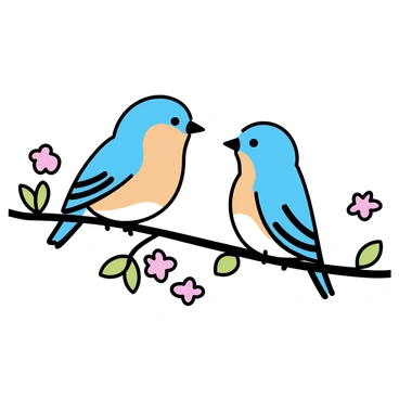 A pair of eastern bluebirds sitting side by side on a blossoming tree branch