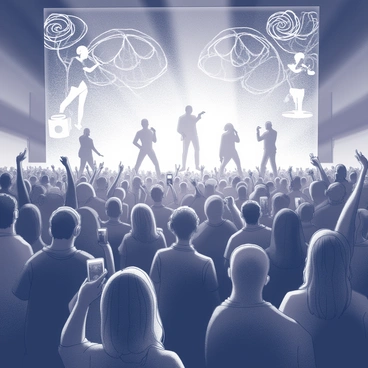 A large crowd gathered in an open area, watching a concert. The audience is diverse, with people of various ages and backgrounds, all captivated by the performance. In the center, holographic images of musicians and performers are displayed, creating an immersive experience. The light shows consist of intricate patterns and shapes, projected above the crowd, illuminating faces with dynamic shadows. Some audience members are taking photos with their smartphones, while others are dancing or singing along. The atmosphere is filled with excitement and energy as everyone enjoys the vibrant performance.