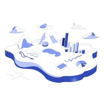 An isolated island floats on the surface of the sea. The island is constructed from various graphs and charts, forming its landscape. There are bar graphs that rise like hills and pie charts that resemble small ponds. Line graphs trace the contours of the shore, while scatter plots are arranged in a field-like pattern. The sea around the island has waves depicted with flowing lines and curves, creating a dynamic appearance. In the distance, a few more islands with similar features can be seen, adding depth to the scene.