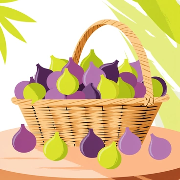 A wicker basket overflowing with "freshly harvested figs" sits on a "rustic wooden table". The figs are a mix of "deep purple and vibrant green" colors, showcasing their ripeness. The wicker texture of the basket is detailed, with intricate weaving patterns visible. Sunlight casts soft shadows on the table, highlighting the natural grain of the wood. A few figs are scattered around the basket, adding to the bountiful appearance of the harvest.