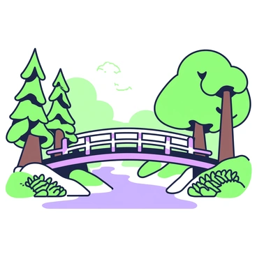 A serene wooden bridge crossing a gentle river in the middle of a dense forest