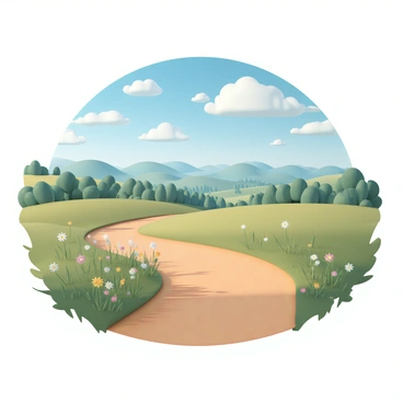 A winding dirt path, flanked by vibrant green grass and wildflowers in various colors, meanders through a lush countryside. The sun casts a warm glow over the scene, highlighting the rich, earthy tones of the soil. In the distance, a horizon is dotted with rolling hills, their gentle slopes covered in thick forests and patches of vibrant foliage. The sky above is a bright blue, scattered with fluffy white clouds, creating a picturesque backdrop to this serene landscape.
