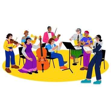 An orchestra is performing on a bright stage, featuring a variety of instruments and musicians. The string section includes a violinist with dark hair and a cellist with curly hair, both focused on their music. A trumpet player with an intricate outfit stands confidently in the brass section, while a percussionist with colorful tattoos plays a set of drums energetically. In the woodwind section, a flutist with glasses and a clarinetist with a headscarf are engaged in their performance. The musicians are dressed in formal attire, with a blend of traditional and contemporary styles. The conductor, holding a baton, stands in front, guiding the ensemble with enthusiasm. The audience is visible in the background, captivated by the lively performance.