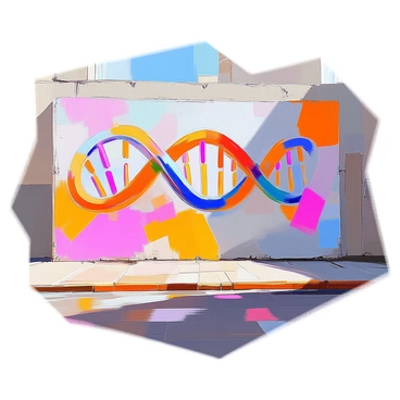 A vibrant mural painted on a large building wall showcases an intricate design of chromosomes in a variety of bright colors. The chromosomes are represented in a stylized manner, each one curling and twisting in unique shapes. The background is filled with complementary hues that enhance the visual impact of the chromosomes, creating a dynamic and engaging scene. The overall composition draws the eye, inviting viewers to explore the details of the mural. The building itself is urban, with a rough texture that contrasts with the smooth lines of the mural.