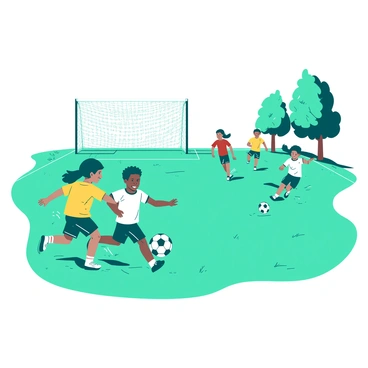 A teal soccer field is filled with children running energetically as they play soccer. In the foreground, two children, one wearing a yellow shirt and the other in a white shirt, are attempting to pass the ball to each other. In the background, several other children are positioned strategically, with one child getting ready to kick the ball towards the goal. The expressions on their faces reflect enthusiasm and determination. A couple of trees are visible on the side of the field, adding to the vibrant atmosphere of the scene.