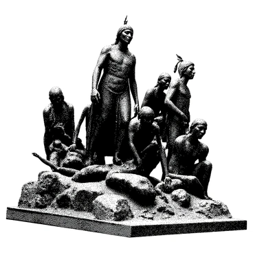 A weathered sculpture stands prominently, showcasing intricate details that depict the struggles of the Trail of Tears. The sculpture features a group of figures representing Native Americans in varying poses of hardship and resilience. Their expressions are solemn, conveying a deep sense of sorrow and determination. The figures are interspersed with elements of nature, such as rugged stones and twisted trees, adding to the gravity of the scene. The surface texture of the sculpture is rough and aged, emphasizing its historical significance. The background is stark and simple, allowing the sculpture to dominate the composition.