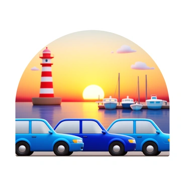 Cars parked along a harbor with boats and a lighthouse in the distance