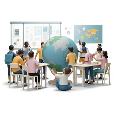 A geography classroom filled with students engaged in a lesson. In the center, there is a large, detailed globe that shows various countries and continents. Students of diverse backgrounds, wearing casual clothing, are gathered around the globe, pointing excitedly at different countries. Some students are taking notes while others are discussing among themselves. The classroom walls are adorned with maps and educational posters related to geography, adding to the learning environment. Bright sunlight streams through the windows, illuminating the scene.