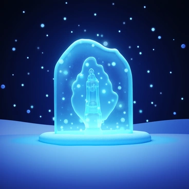A winter scene featuring a large, intricate ice sculpture reflecting light. The ice sculpture has delicate details and seems to shimmer as it catches the glow from countless fireflies. Snowflakes gently fall around the sculpture, creating a soft white blanket on the ground. A dark evening sky provides a contrasting backdrop, enhancing the bright illumination of the fireflies surrounding the sculpture. The atmosphere is tranquil, with a sense of wonder created by the interplay of ice and light.