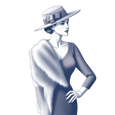 A refined woman stands confidently, showcasing her elegance. She wears a stylish art deco hat adorned with geometric patterns and embellishments. Around her shoulders, she drapes a luxurious fur stole that adds texture and sophistication to her ensemble. Her posture is poised, and she carries an air of grace, suggesting a keen sense of fashion and refinement. The overall composition captures her as a figure of distinction and class.