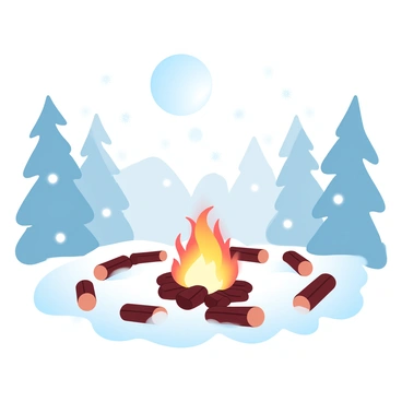 A gentle snowfall is covering the ground with a soft white layer under a bright moonlight. Flakes are falling slowly from the sky, creating a peaceful atmosphere. A glowing campfire is situated in the center, with bright, flickering flames casting a warm light. Surrounding the campfire, there are several logs arranged for seating, and the glow illuminates the falling snowflakes, making them sparkle. The background is filled with silhouettes of tall pine trees dusted with snow, creating a serene winter scene.