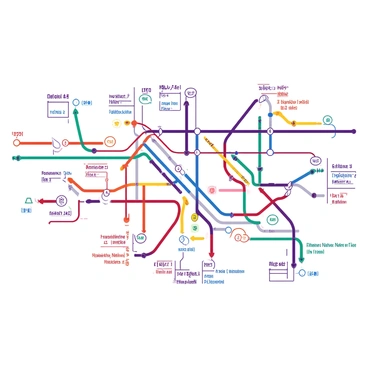 A white underground subway map features an intricate layout of colored lines and station circles. The lines are in vibrant colors, with varying widths connecting different stations across the map. Each station is represented by a distinct colored circle, clearly marked with their respective names inside. The overall design is structured, showing intersections and branches of the subway lines in a detailed manner.