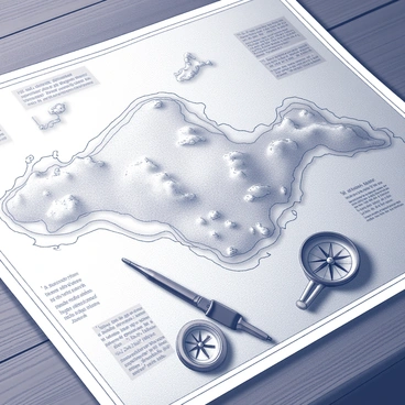 An intricate map is spread out on a wooden table. The map features detailed topographical elements, with various marked locations indicated by small symbols. Notes are written in neat handwriting in several areas of the map, providing additional information about specific places. The edges of the map are slightly worn, suggesting it has been used multiple times. A compass is placed beside the map, adding to the exploration theme. The scene has a focused arrangement, emphasizing the map as the central element.