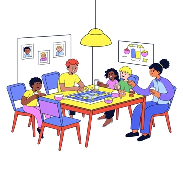 A dining room with a large wooden table in the center, surrounded by six chairs. The table is covered with a colorful tablecloth and is filled with various snacks, including bowls of popcorn, chips, and candy. A pitcher of lemonade with glasses sits on one side of the table. A family of four is gathered around the table, actively playing a board game. The children, a boy and a girl, are smiling and focused on the game, while the parents are engaged and laughing. The walls are decorated with family photos, and a warm light fixture hangs above the table, illuminating the scene.