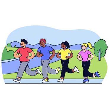 A group of four friends jogging along a riverside trail. The friends consist of two men and two women, dressed in colorful athletic wear. The first man has short brown hair and wears a red tank top and black shorts. The second man has curly hair and is wearing a blue t-shirt with gray jogging pants. One woman has long blonde hair tied in a ponytail and is wearing a pink sports bra with black leggings. The other woman has short black hair and is dressed in a yellow tank top and gray shorts. The trail is lined with green grass and small trees, and a river flows gently beside it. In the background, there are distant hills under a clear blue sky.