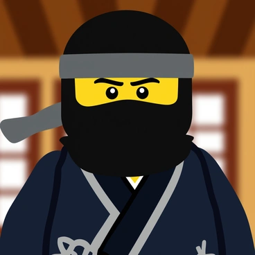 A close-up portrait of a Ninjago ninja with a determined expression on his face. The ninja wears a black mask that covers the lower half of his face, revealing only his eyes which are focused and intense. His outfit features intricate details, including a dark robe adorned with silver patterns and a belt with a small emblem. The background subtly hints at a dojo with blurred wooden beams, enhancing the concentration on the ninja's determined gaze.
