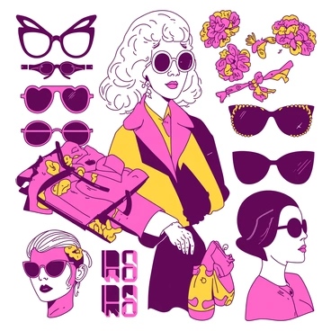 A duotone illustration featuring a collection of Iris Apfel's most iconic fashion moments and outfits. The collage displays a vibrant array of her bold glasses, each pair showcasing unique and stylish designs in a contrasting color scheme of {color_1} and {color_2}. The outfits range from luxurious textiles adorned with intricate patterns to striking accessories that highlight her eclectic fashion sense. Each ensemble is carefully arranged to create a dynamic composition, celebrating her individuality and flair for bold color combinations. The background enhances the focal elements, further emphasizing the dazzling array of fashion showcased in the collage.
