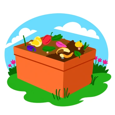 A backyard compost bin is filled with layers of colorful kitchen scraps, including vegetable peels, fruit cores, and coffee grounds. The bin also contains garden waste, such as dried leaves, grass clippings, and small twigs. Various small insects and worms are visible, actively moving through the decomposing materials, showcasing a lively ecosystem. The compost bin is surrounded by lush green grass and flowering plants, with a clear blue sky above. Sunlight casts gentle shadows, highlighting the texture of the compost and the vibrant colors of the scraps.