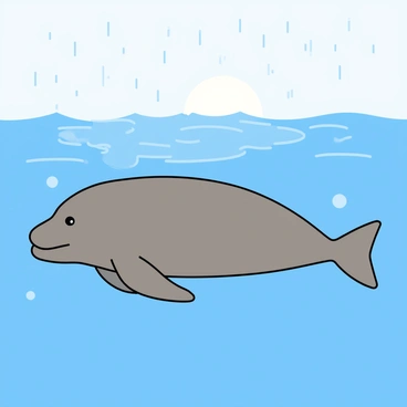 A dugong with a rounded body and a smooth grayish-brown skin is swimming near the surface of the ocean. The dugong has flippers that are gracefully moving through the water. Above the dugong, gentle rain is falling, creating soft, circular ripples on the surface of the water. The ocean is a deep blue, and the sun can be seen peeking through the clouds, casting subtle reflections on the water. Small bubbles are rising around the dugong, adding to the lively atmosphere of the scene.