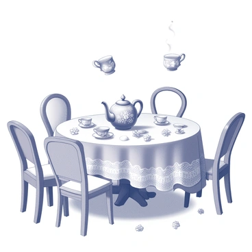 A tea party set in a whimsical garden. The table is adorned with a delicate lace tablecloth, featuring an assortment of enchanted teacups with intricate designs and patterns. Each teacup has a unique shape, and they are floating slightly above the table, as if defying gravity. A talking teapot with a friendly expression sits at the center of the table, its spout shaped like a playful creature. Surrounding the table are mismatched chairs, each with a different style and color, inviting guests to partake in the magical gathering. Delicate flowers bloom around the scene, adding to the enchanting atmosphere.