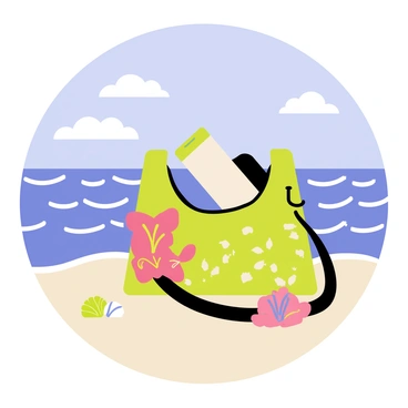 A colorful yoga bag with a floral design is placed on a smooth sandy beach. The bag is open, showing a rolled-up yoga mat tucked inside. In the background, the ocean waves gently crash against the shoreline, creating a rhythmic pattern of foam and water. The clear blue sky overhead is dotted with a few fluffy white clouds, adding to the tranquil beach atmosphere. A few scattered seashells are visible in the sand near the bag, enhancing the beach setting.