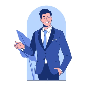 A candidate stands confidently in a studio setting, dressed in a tailored navy blue suit with a white shirt. The candidate has a warm smile, exuding professionalism and approachability. Behind the candidate, there is a soft backdrop in a contrasting color that enhances the overall composition. The studio lighting is focused on the candidate, highlighting their face and creating a subtle shadow effect on the floor. The candidate's hands are relaxed by their sides, with one hand slightly raised, as if gesturing towards the viewer.