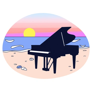 A grand piano positioned on a sandy beach. The piano has a polished black finish and its lid is propped open, revealing the shiny keys. The sun is setting on the horizon, casting warm orange and pink hues across the sky. Soft waves are gently crashing nearby, creating a serene atmosphere. The beach has fine, light-colored sand with a few scattered seashells.