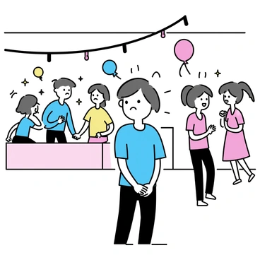 A young person with short brown hair, wearing a blue shirt and black jeans, stands nervously at the edge of a decorated dance floor. Their hands are clasped together, and they have a slight frown on their face. Brightly colored balloons and streamers hang from the ceiling, adding to the festive atmosphere. In the background, a group of students is laughing and dancing, while a few others are chatting near the refreshment table. The young person glances towards a girl wearing a red dress, who is engaged in conversation with her friends.