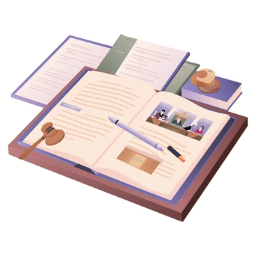 A law book open to a case study with court illustrations