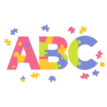 A tabletop covered with a jigsaw puzzle featuring colorful pieces. The pieces are arranged to form the letters "A", "B", and "C". There are various shapes and shades among the puzzle pieces, creating a vibrant and engaging scene. Some pieces are flipped upside down while others are neatly connected, illustrating the process of puzzle assembly. A few spare pieces are scattered around the edges, adding to the playful atmosphere of the table.
