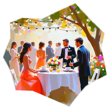 A garden party setting featuring a variety of elegant guests dressed in formal attire, mingling and enjoying the atmosphere. The guests include a woman in a flowing red gown with intricate beadwork and a man in a classic black tuxedo, engaged in conversation near a beautifully set table adorned with fine china and floral arrangements. Above them, strings of twinkling lights are draped between the trees, casting a warm glow over the scene. In the background, lush greenery and colorful flowers provide a vibrant backdrop to the gathering.
