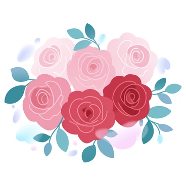 A cluster of roses in various shades of pink and red, with intricate petal details and delicate green leaves surrounding them. The roses are arranged closely together, creating a lush and vibrant composition. In the background, there is a gradient of pastel colors blending seamlessly, providing a soft, dreamy ambiance. The overall scene evokes a sense of tranquility and beauty, highlighting the intricate details of the flowers.