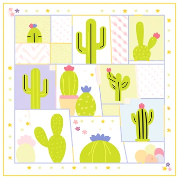 A patchwork quilt design with an array of squares and rectangles, each displaying different shapes and sizes of cacti. The cacti include tall saguaro cacti, round barrel cacti, and flat prickly pear cacti, all illustrated with vibrant green colors. Each patch features unique patterns, such as stripes, polka dots, and floral motifs, complementing the cacti. The quilt has a colorful border that includes small, playful elements like flowers and stars, enhancing the overall design.