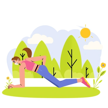 A woman with long brown hair is performing glute bridges on a vibrant green grassy field. She is wearing a colorful athletic outfit, consisting of a fitted top and leggings. In the background, there are trees with lush green foliage and a clear blue sky. The sun is shining brightly, casting soft shadows on the ground. The woman's form is strong and focused as she lifts her hips off the ground, engaging her core muscles. Nearby, a few wildflowers are blooming, adding splashes of color to the scene.