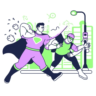 A superhero catching a robber mid-escape, with colorful comic-style action effects.