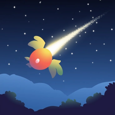 A night sky filled with deep blue and black hues is illuminated by a bright comet streaking across it. The comet has a distinct shape resembling a Magikarp, complete with a curved body and fins extending outwards. Its surface glows with shades of orange and yellow, leaving a sparkling tail of particles trailing behind. Stars twinkle in the background, adding to the vastness of the night. Below, silhouettes of trees can be seen against the horizon, capturing the moment of the comet's passage.