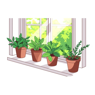 A white kitchen window sill is filled with several pots of fresh herbs. One pot contains vibrant green basil leaves, while another holds sprigs of fragrant rosemary. The pots are made of clay and have a rustic texture. Sunlight streams through the window, casting soft shadows on the sill, enhancing the rich green hues of the herbs. In the background, the window showcases a blurred view of a sunny garden.