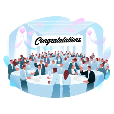A grand ballroom is filled with accountants dressed in formal attire, celebrating their achievements at an awards gala. Tables are elegantly set with white tablecloths and floral centerpieces. Groups of accountants are gathered, some holding shiny trophies and others proudly displaying certificates. Balloons and streamers in pastel colors adorn the ceiling, creating a festive atmosphere. A large banner behind them reads "Congratulations" in elegant script. The room is illuminated with soft, warm lighting, adding to the celebratory mood.