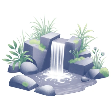 A small waterfall cascading over a rocky ledge. The water flows gently into a tranquil pool below, creating a soft splash. Surrounding the waterfall are various thriving plants, with lush green leaves and some small flowering plants adding texture. Large rocks are scattered throughout the scene, some partially submerged in the water, while others are covered in moss, indicating a damp environment. The overall composition showcases the harmonious interaction between the water feature and the vibrant plant life.