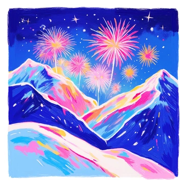 A breathtaking scene of fireworks bursting in vibrant colors fills the night sky above a snow-capped mountain range. The mountains are tall and majestic, their peaks glistening under the illumination of the fireworks. Each firework explodes into a brilliant display of reds, blues, and greens, casting colorful reflections on the pristine snow below. The sky is dark, serving as a perfect backdrop for the vibrant lights, and a few scattered stars are visible in the background, adding to the overall spectacle of the scene.