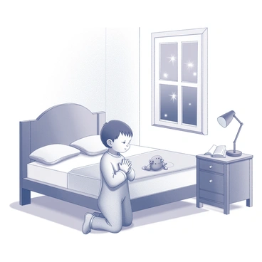 A young child kneeling beside a bed. The child has short hair and is wearing pajamas. Their hands are clasped together in front of their chest, indicating prayer. The bed is made with neatly arranged blankets and a few plush toys resting on the pillow. The room is softly lit, with a small nightstand beside the bed holding a lamp and a storybook. A window shows night sky with stars visible outside, adding a gentle ambiance to the scene.