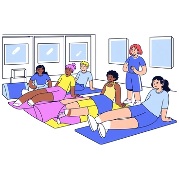 A group of six people in a gym class is performing pelvic tilt exercises on bright colored yoga mats. Each person is positioned on their back with knees bent and feet flat on the mat. They have a focused expression on their faces as they engage their abdominal muscles. The instructor, standing at the front, is demonstrating the movement with clear instructions. The gym is filled with natural light, and there are motivational posters on the walls, emphasizing health and fitness.