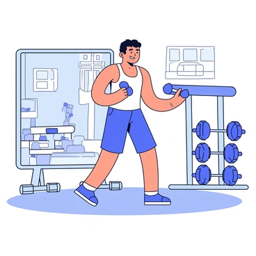 An athlete performing lateral raises with a pair of dumbbells in each hand. The athlete has an athletic build and is wearing a fitted tank top and shorts. The focus is on the athlete's posture, showcasing a straight back and slightly bent knees. In the background, there is a large gym mirror reflecting the athlete's movement. Various gym equipment, such as dumbbells and benches, can be seen in the surroundings, while the gym has a clean and organized appearance.