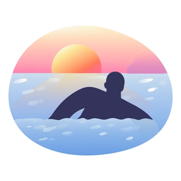 A swimmer is positioned in the foreground, their body outlined as a dark silhouette. The swimmer's arms are extended as they glide through the water. The background features a vibrant sunset with shades of orange, pink, and purple blending seamlessly in the sky. The sun is partially submerged on the horizon, casting radiant reflections on the calm sea. The water surface ripples gently, mirroring the colors of the sky above. Small waves can be seen lapping softly at the swimmer, enhancing the tranquil atmosphere of the scene.