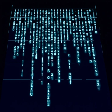 A digital matrix of falling code depicted in a grid pattern, showcasing intricate strings of green alphanumeric characters on a dark background. The code cascades downwards, creating a sense of depth and movement, with some sections appearing to glow brighter than others. Various snippets of formatted DNS queries are visible within the falling characters, adding detail to the matrix. The grid structure is defined by thin, angular lines, organizing the chaotic flow of data into distinct columns and rows.