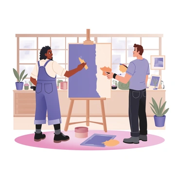 Two artists are collaborating on a large, rectangular canvas positioned vertically in a bright, open studio space. The first artist, a woman with medium skin and curly black hair, is on the left, wearing an oversized white shirt and denim overalls. She is applying vivid blue paint to the canvas with a large brush. The second artist, a man with light skin and short brown hair, is on the right, wearing a gray T-shirt and black jeans. He is using a palette knife to add splashes of orange and yellow paint next to the blue. The studio features large windows allowing natural light to flood in, illuminating the colorful art supplies scattered across the wooden floor and the walls adorned with various paintings and sketches. A few plants in pots are placed near the windows, adding a touch of green to the environment.